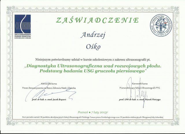 Andrzej Ośko - Certyfikaty